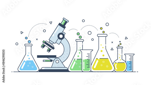 Science Laboratory Microscope and Colorful Beakers in a Modern Experimental Setup
