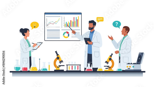 scientists conducting chemical experiments with microscopes and data analysis in laboratory setting