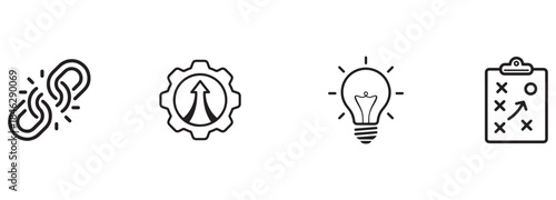 Set of Business Strategy and Optimization Line Icons: Idea, Plan, Progress, Broken Link