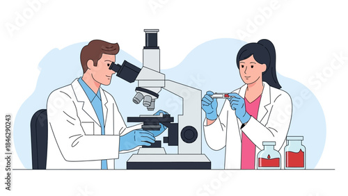 scientists conducting laboratory research with microscope and test tubes in a modern lab setting