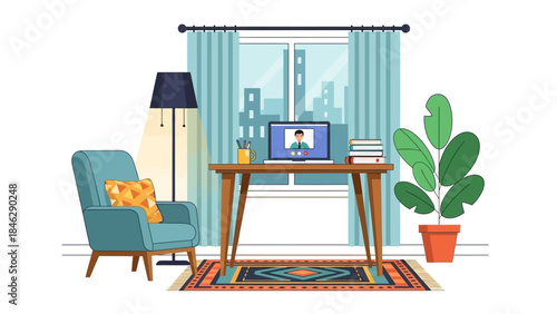 Cozy and Modern Home Office Setup with Comfortable Armchair and Green Plant