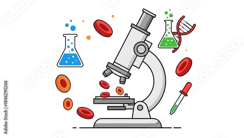 scientific laboratory scene with microscope and chemical flasks for research and experimentation
