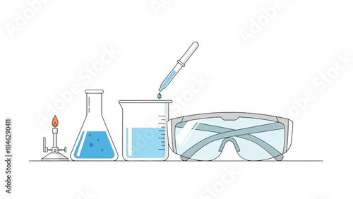 scientific laboratory equipment for chemistry experiments with glassware and safety goggles