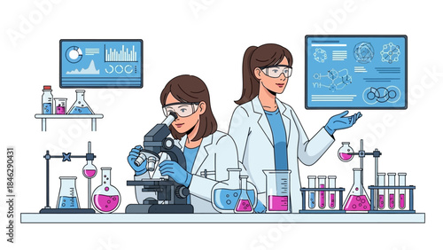 Scientists Conducting Laboratory Experiments with Microscopes and Test Tubes in a Modern Research