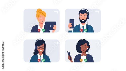 Diverse Customer Service Representatives Using Phones and Headsets in a Call Center Setting