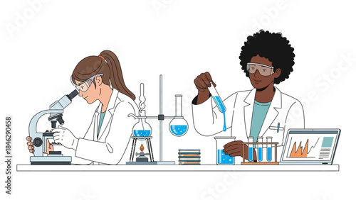 scientists conducting laboratory experiments with advanced scientific equipment and analysis tools