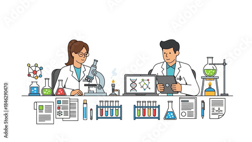 illustration of scientists conducting experiments in a laboratory with laboratory glassware and