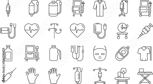 Collection of minimalist outline medical and healthcare icons syringe