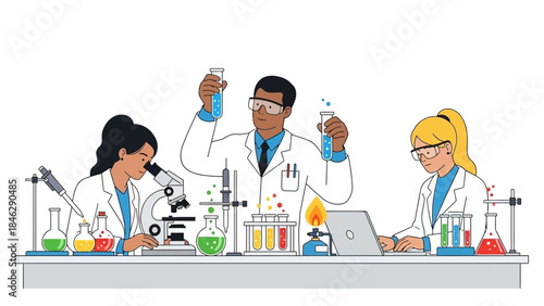 scientists conducting chemistry experiments in laboratory with advanced equipment and safety gear