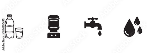 Minimalist Water Icon Collection: Bottle, Cooler, Tap, and Droplets.