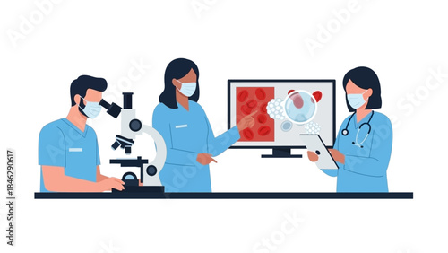 medical research team using advanced microscopes and digital tools to study disease cells in