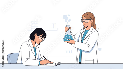 female scientists conducting experiments in a laboratory with safety goggles and lab coats for