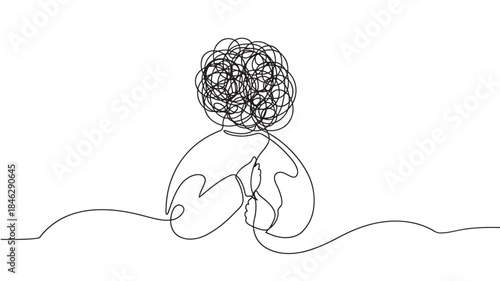 Abstract line art of a person with chaotic thoughts on transparent background silhouette