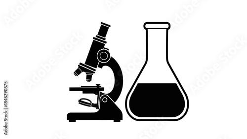 scientific laboratory equipment microscope and flask icon illustrating laboratory research and