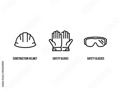 Construction Helmet Safety Gloves Safety Glasses Minimal Bold Line Icon Set