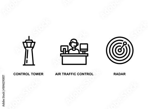Control Tower Air Traffic Control Radar Minimal Bold Line Icon Set