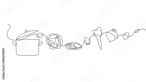 Continuous line drawing of food items on transparent background silhouette