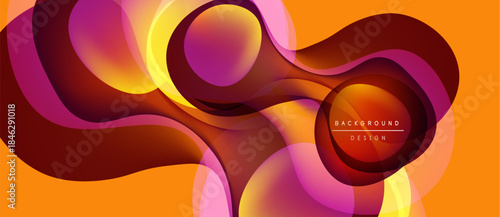 Abstract fluid shapes overlap, creating vibrant orange, pink, maroon gradients. Modern design suggests movement, depth, energy. Background text reads background design.