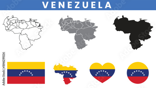 Bolivarian Republic of Venezuela Map and Flag Vector Set with States Outline