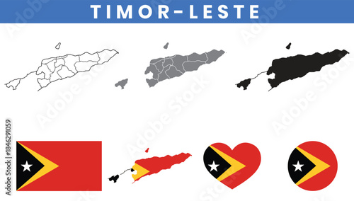 Democratic Republic of Timor-Leste Map and Flag Vector Set