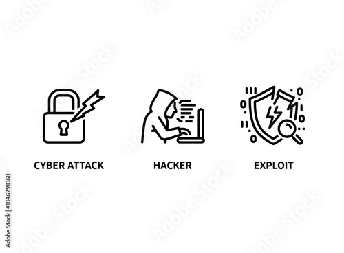 Cyber Attack Hacker Exploit Minimal Bold Line Icon Set