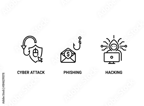 Cyber Attack Phishing Hacking Minimal Bold Line Icon Set