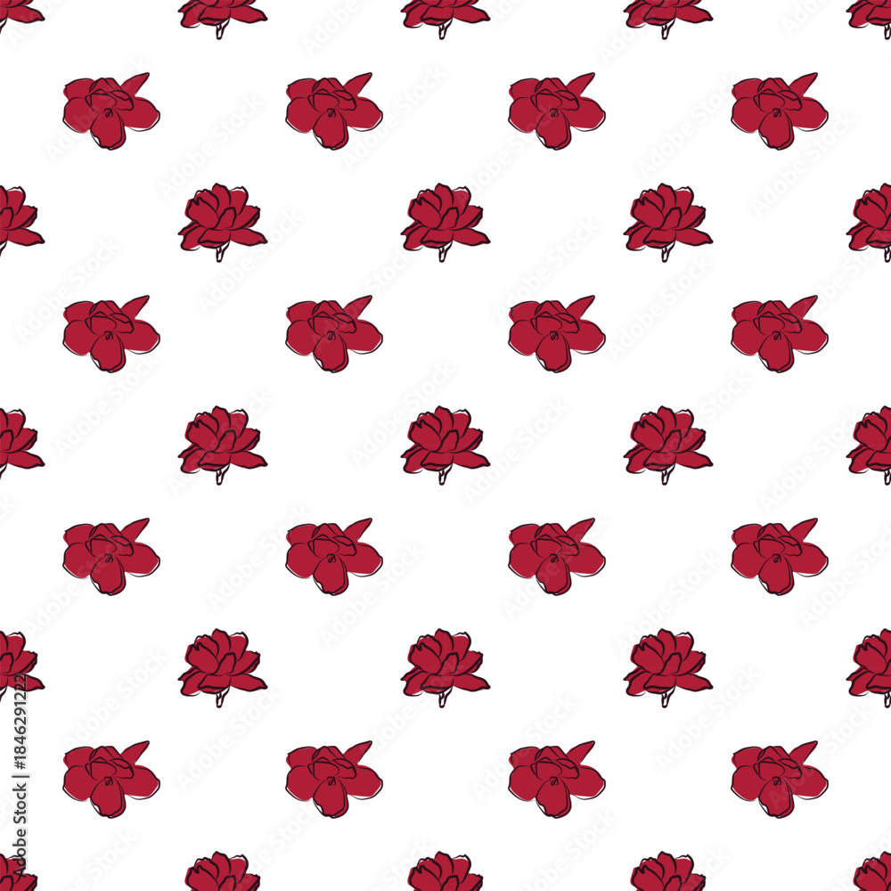 Obraz premium Jasmine floral vector seamless pattern on white background. hand drawn red rose stylized flower, blossom, petals. seamless red flowers