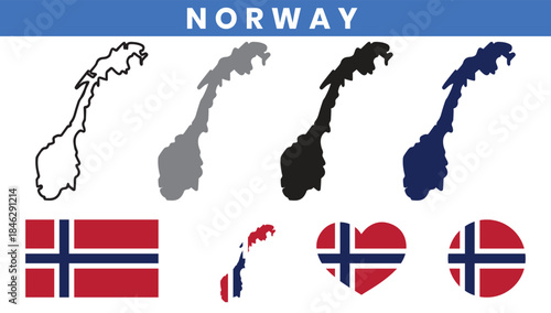 Kingdom of Norway Map and Flag Vector Set with Counties Outline
