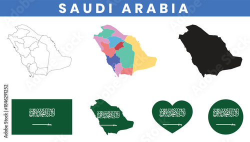 Kingdom of Saudi Arabia Map and Flag Vector Set with Provinces Outline