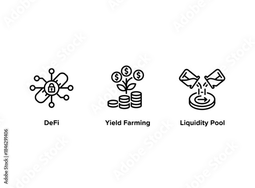 DeFi Yield Farming Liquidity Pool Minimal Bold Line Icon Set