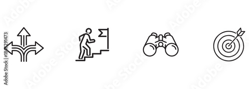 Strategy, Goal Setting, and Achievement Line Icons Set: Direction, Climb, Vision, Target