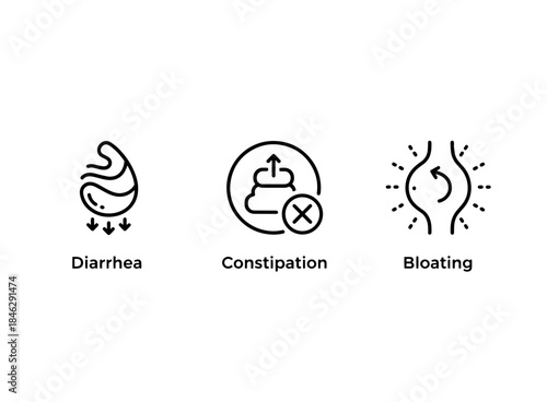 Diarrhea Constipation Bloating Minimal Bold Line Icon Set