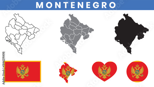 Montenegro Map and Flag Vector Set with Municipalities Outline