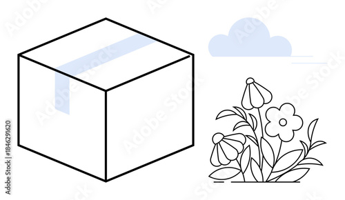 Shipping logistics, eco-friendly packaging, environment-friendly practices, nature connection, sustainability, modern delivery systems. Box with tape, flowers and a cloud illustration. Shipping