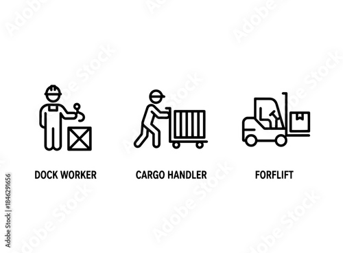 Dock Worker Cargo Handler Forklift Minimal Bold Line Icon Set