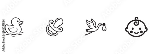 Baby Icons Set: Rubber Duck, Pacifier, Stork, and Smiling Newborn Face Outline