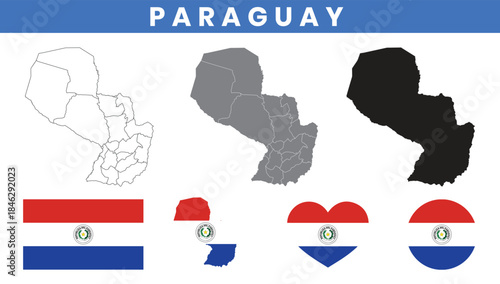Republic of Paraguay Map and Flag Vector Set with Departments Outline