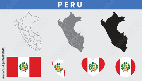 Republic of Peru Map and Flag Vector Set with Departments Outline