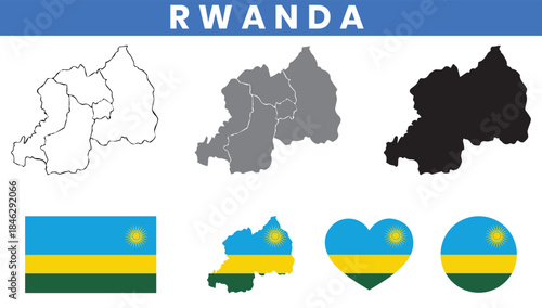 Republic of Rwanda Map and Flag Vector Set with Provinces Outline