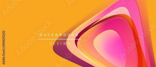 Abstract design features layered shapes, vibrant orange, pink hues. Modern aesthetic, smooth gradients create dynamic visual impact.