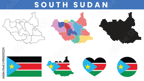 Republic of South Sudan Map and Flag Vector Set