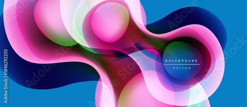 Abstract fluid shapes, vibrant colors blend. Dynamic composition creates modern visual experience. Blue background enhances design elements.