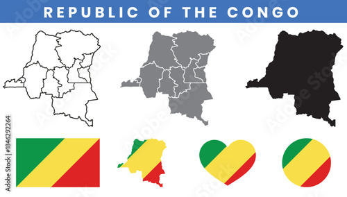 Republic of the Congo Map and Flag Vector Set with Departments Outline