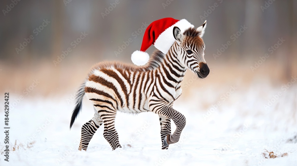 Fototapeta premium Baby zebra with a Santa hat, trotting through a snowy field .