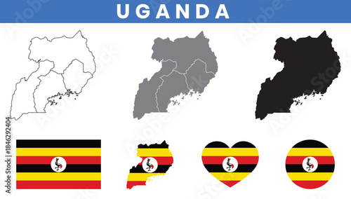 Republic of Uganda Map and Flag Vector Set with Districts Outline