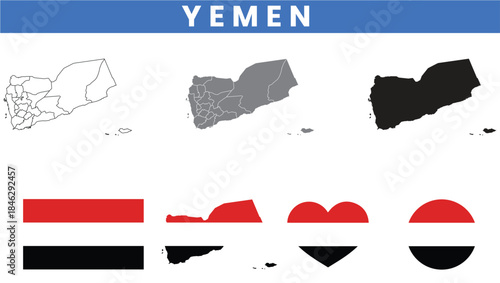Republic of Yemen Map and Flag Vector Set with Governorates Outline