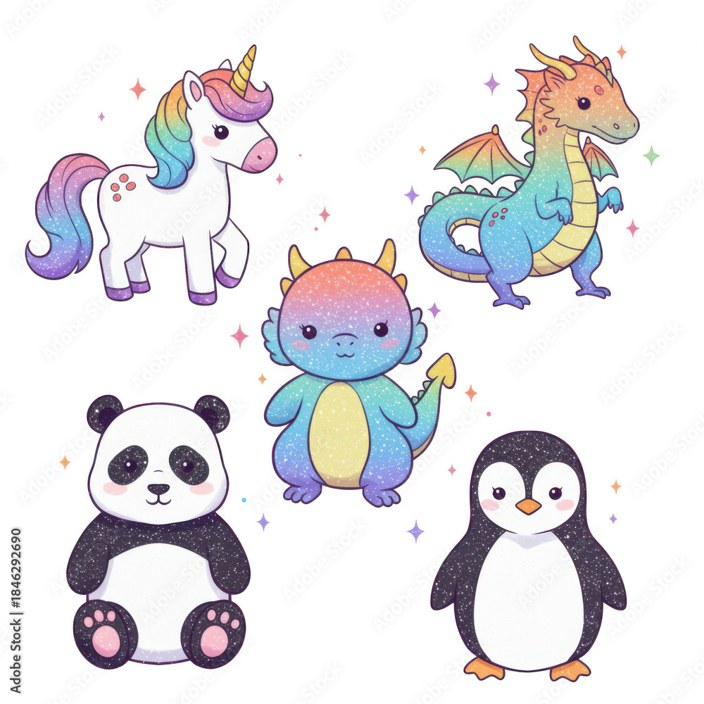 Naklejka premium Whimsical collection of magical and cute creatures