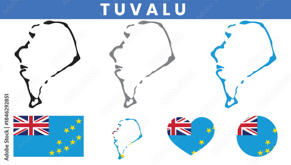 Obraz premium Tuvalu Map and Flag Vector Set with Island Outline