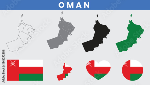 Sultanate of Oman Map and Flag Vector Set with Governorates Outline