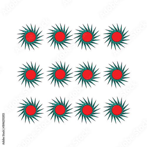 A grid of twelve teal starburst shapes with bold red centers creates a dynamic, modern graphic. Ideal for backgrounds, branding, and decorative accents in design projects and advertising